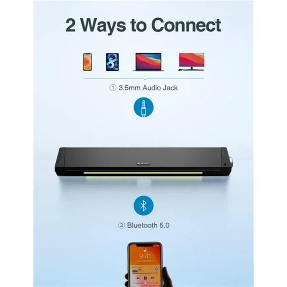 Computer Sound Bar With RGB Lights & Bluetooth 5.0 - Hi-Fi PC Speakers For Desktop, Laptop, Gaming